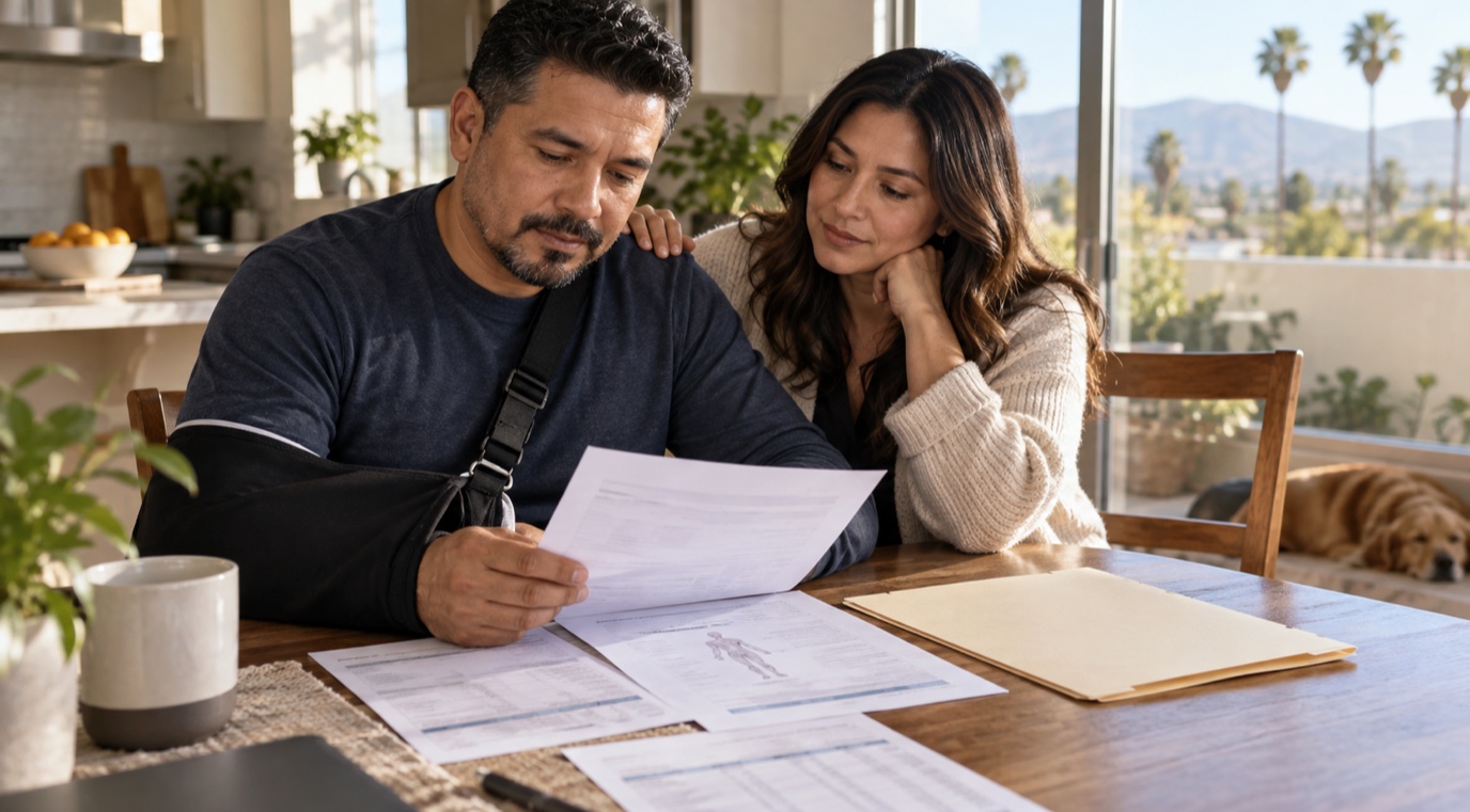 Injured Riverside worker and family member organizing medical and claim papers at home.
