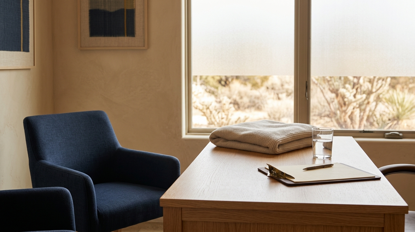 Quiet high-desert consultation room with an empty chair, water, blanket, and blank clipboard
