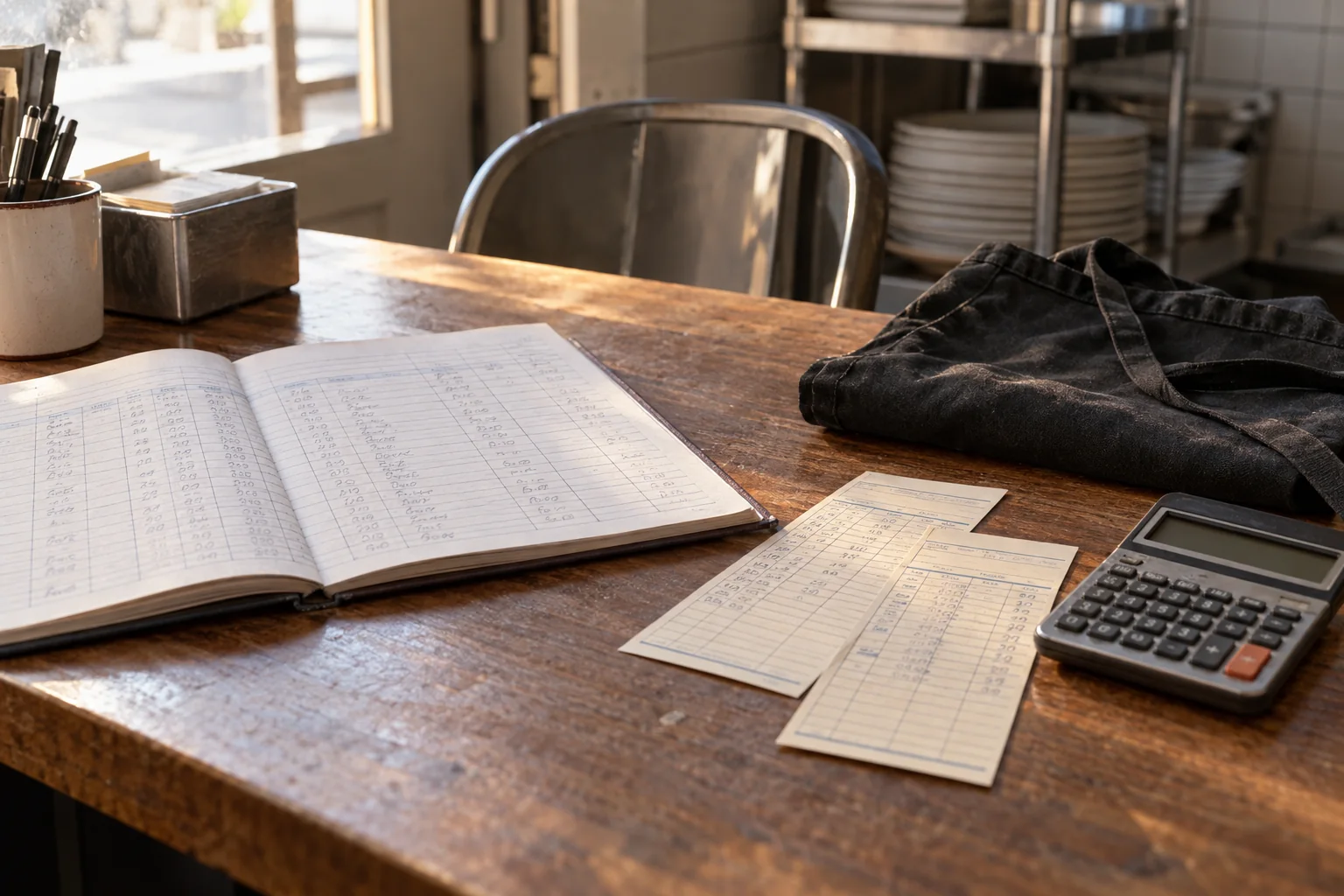 Restaurant payroll ledger and wage records on a desk, representing evidence needed to calculate a temporary disability rate.