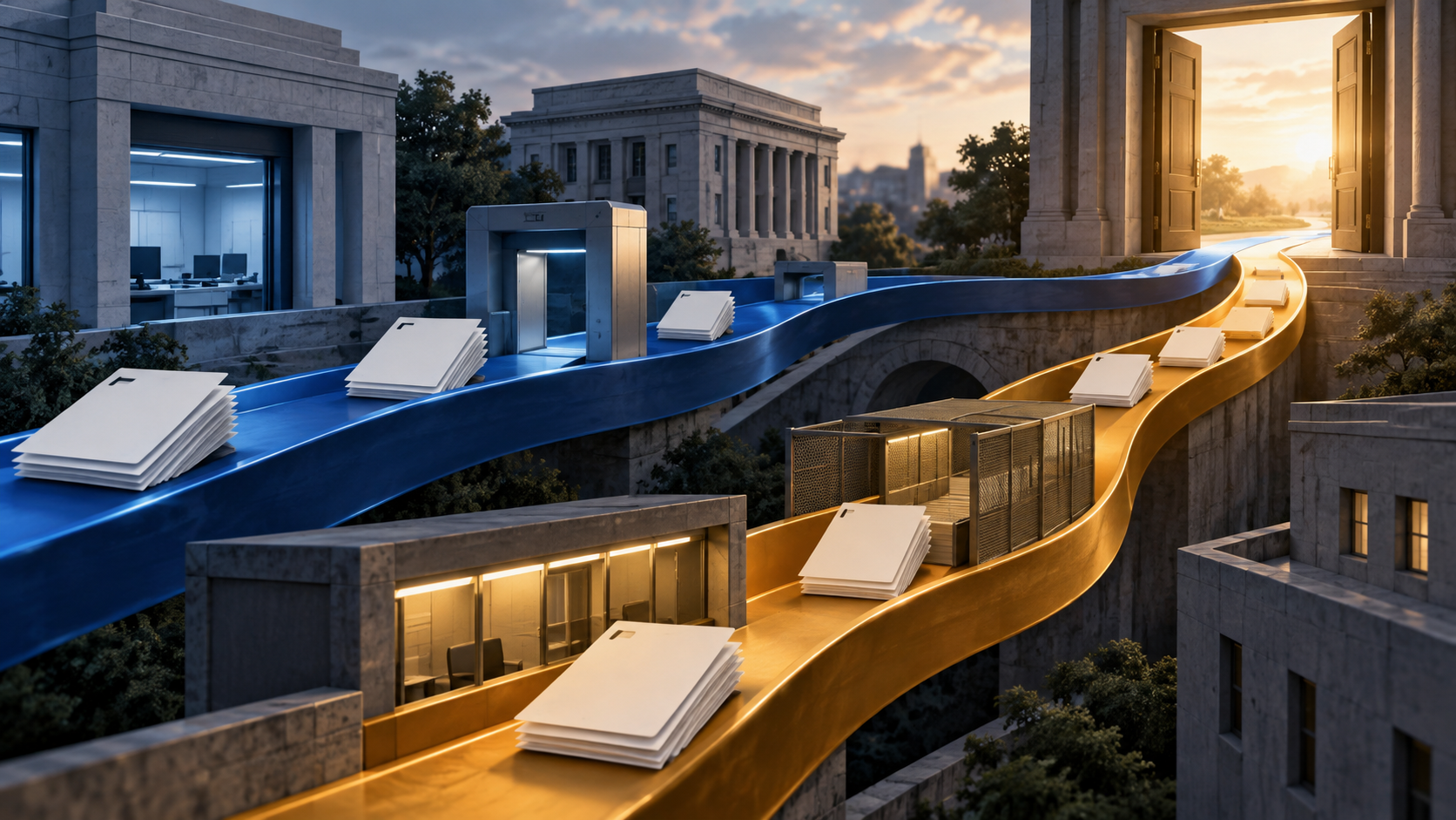 A split-screen illustration showing two parallel document pathways merging toward a single courthouse doorway, rendered in calm blue and amber tones