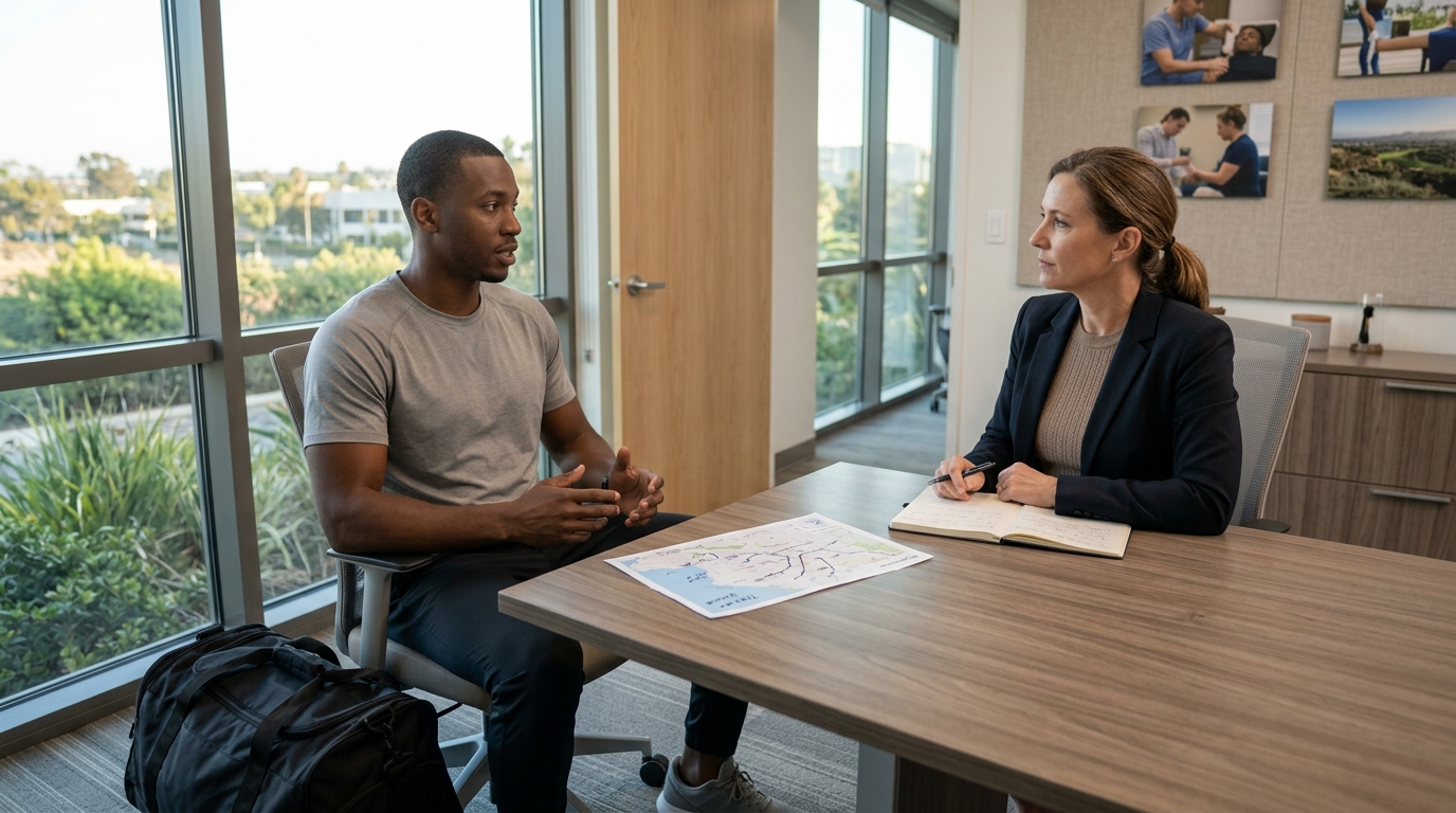 Athlete discussing an interstate work-injury record with a legal professional