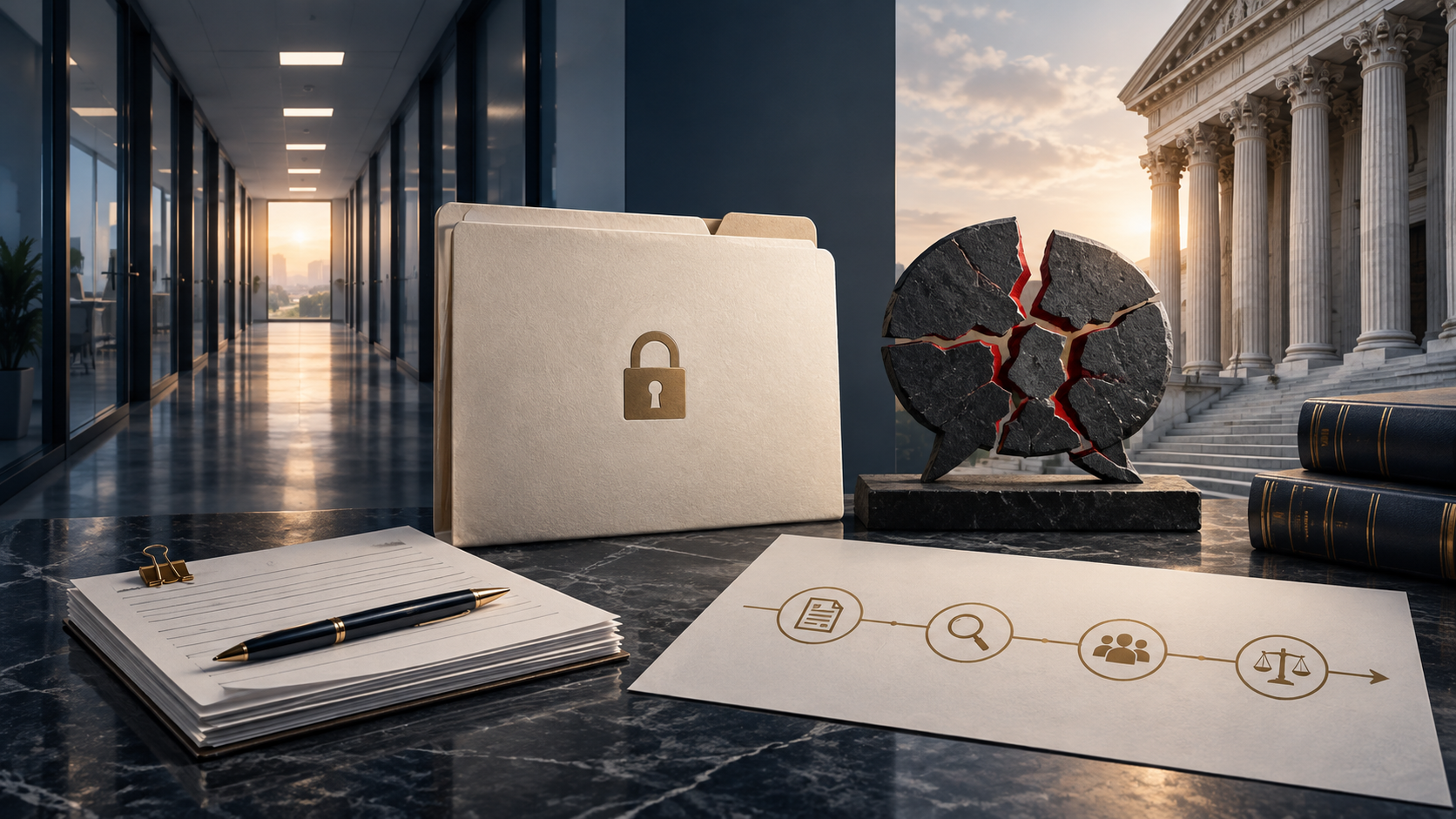 A workplace incident report, investigation timeline, witness notes, and California Supreme Court opinion