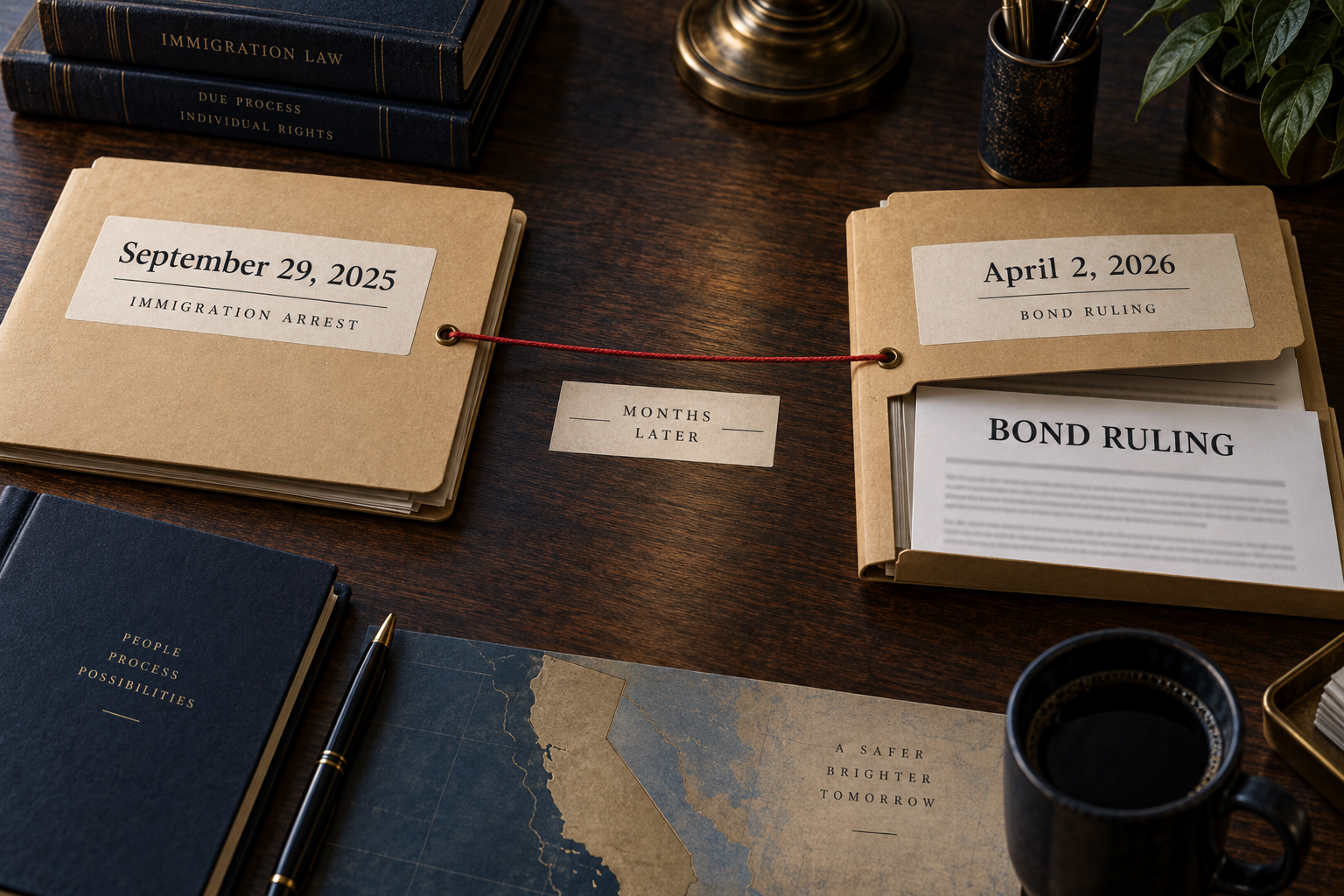 Illustrative chronology separating a September 2025 immigration arrest from an April 2026 bond ruling