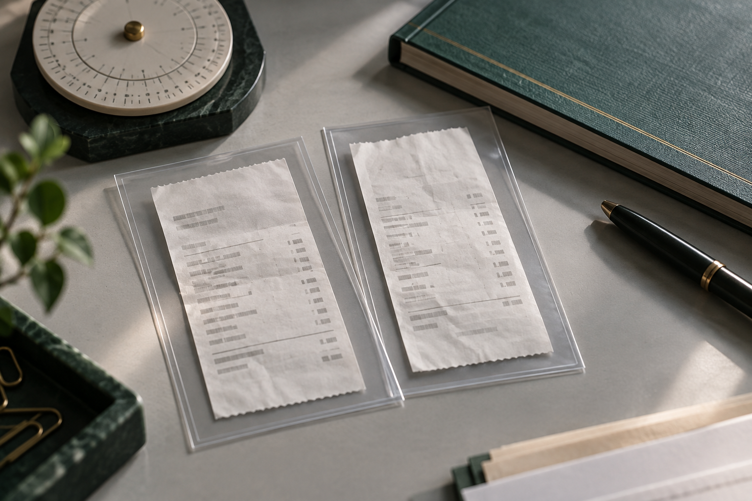 Illustrative archived payment receipts beside a calendar wheel and tax ledger