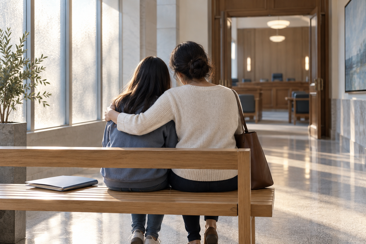 Illustrative parent and young person viewed from behind in a family-court setting