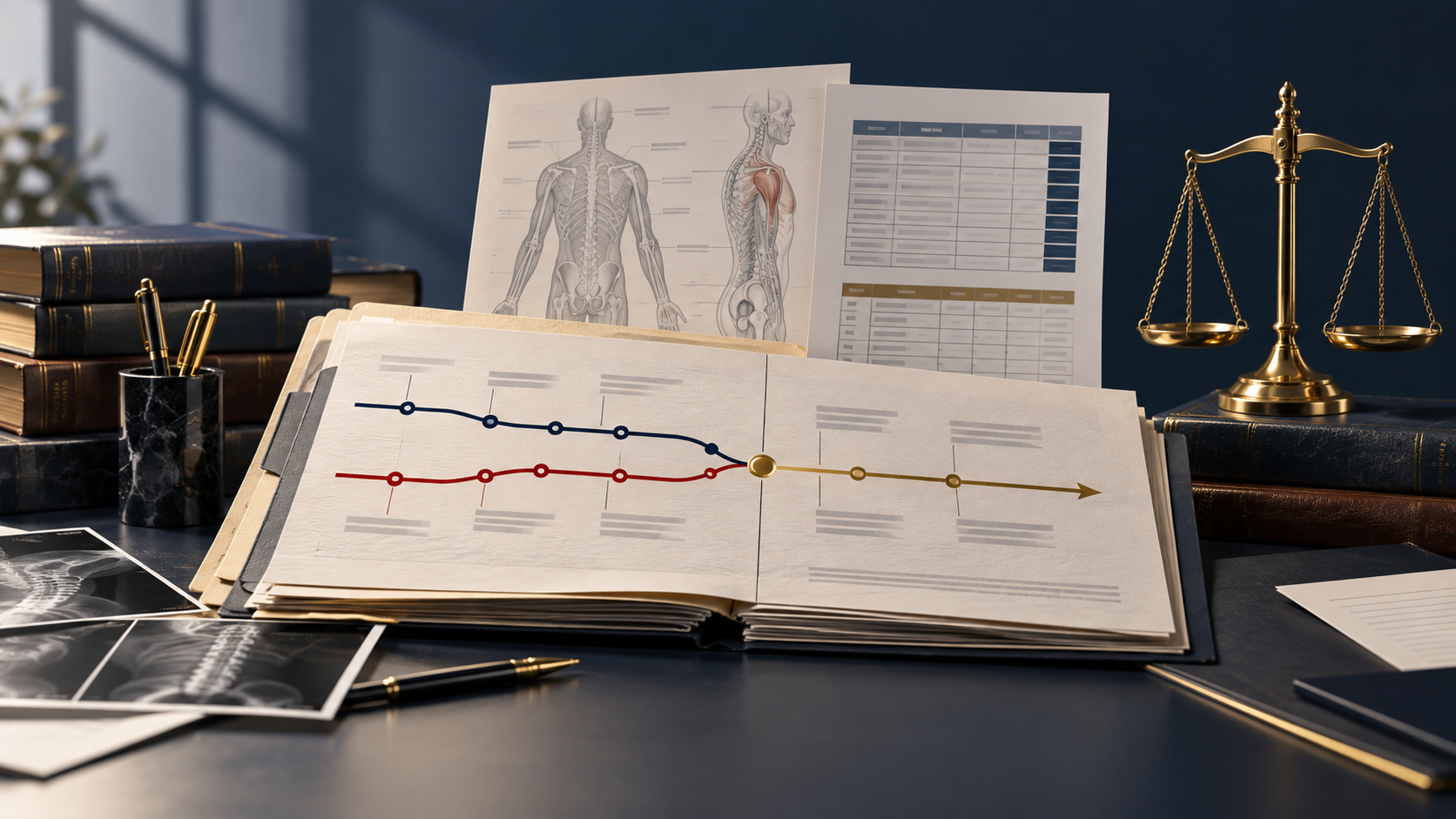 A workers’ compensation medical record with apportionment assumptions, history conflicts, and rating tables marked for review