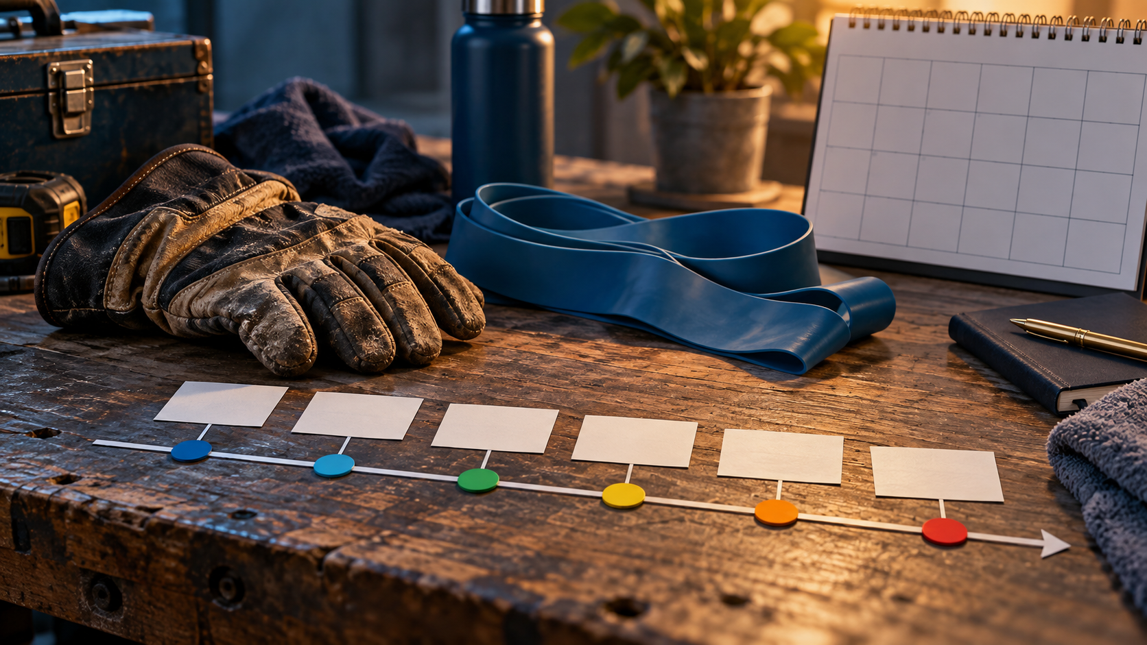 A worker desk with a calendar, medical records, and a timeline chart showing overlapping dates related to a repetitive strain injury