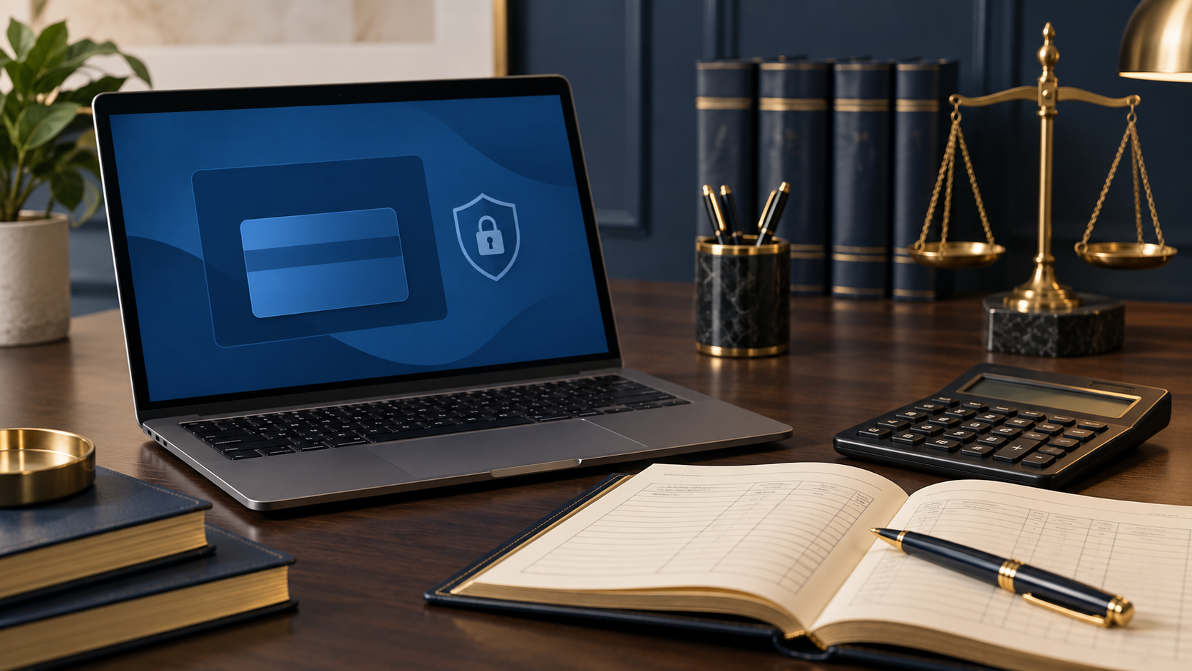 A laptop with a neutral payment interface beside a ledger and calculator