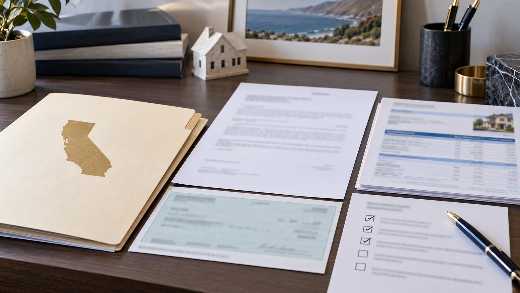 A California property file, blank state tax lien notice, escrow papers, payment record, and release checklist.