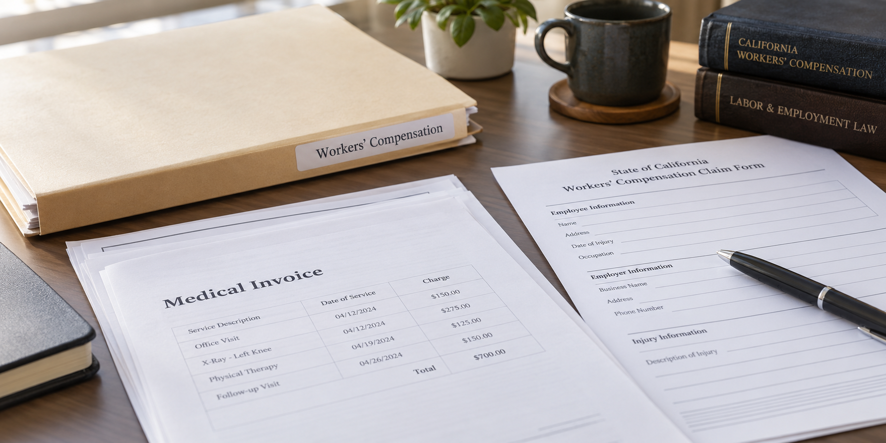 Medical billing and lien records arranged on a California workers’ compensation desk