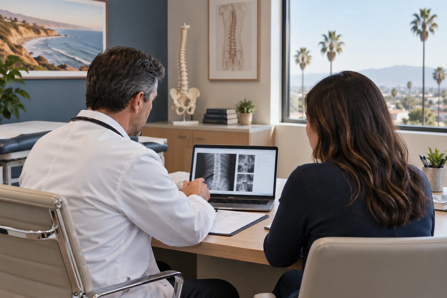 Physician and patient review medical records during a consultation in California.