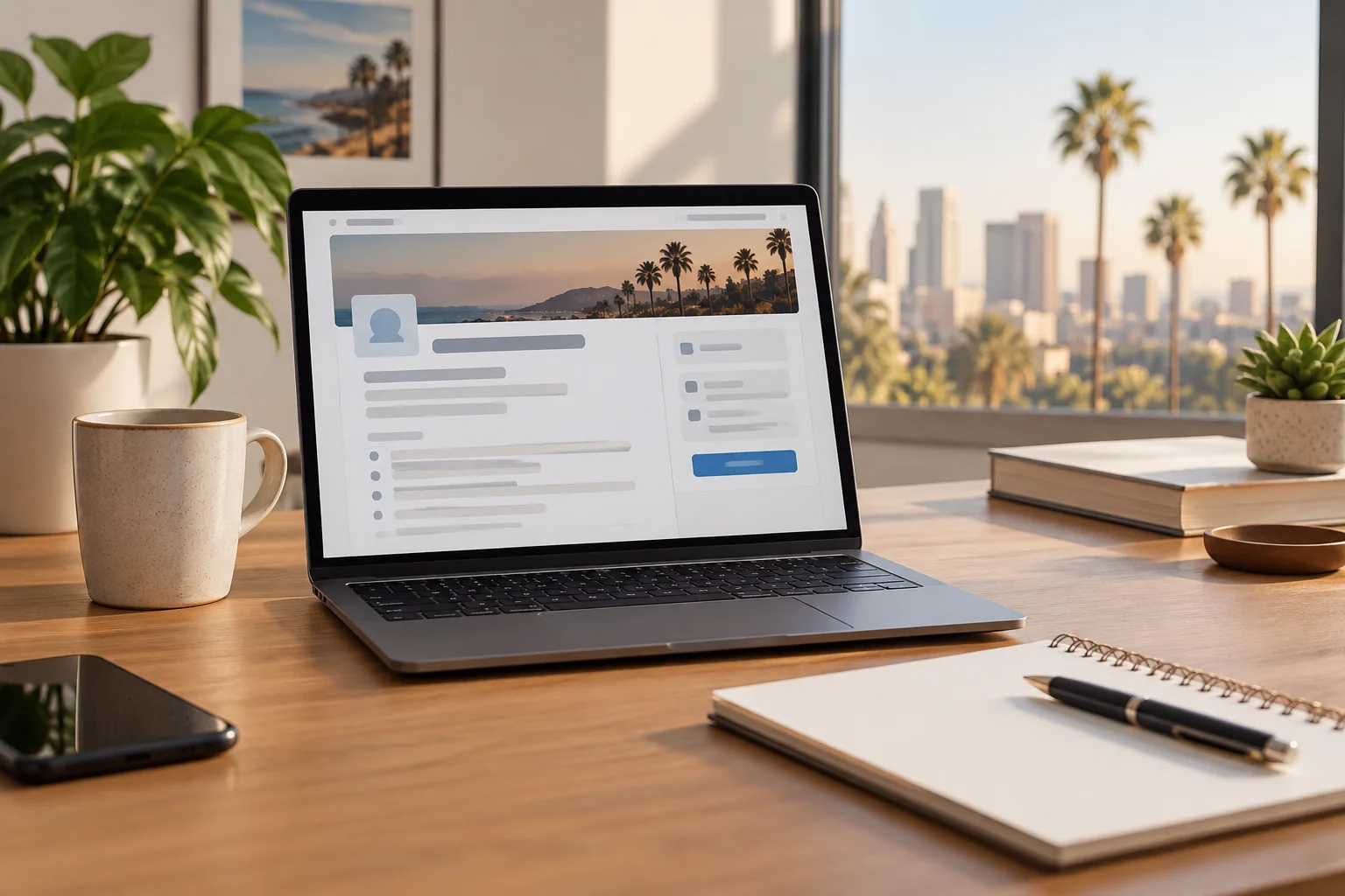 A laptop and notebook on a quiet California office desk.
