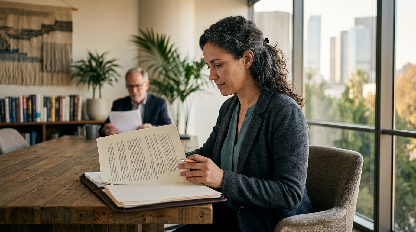 Employee reviewing a severance agreement with an advisor at a conference table