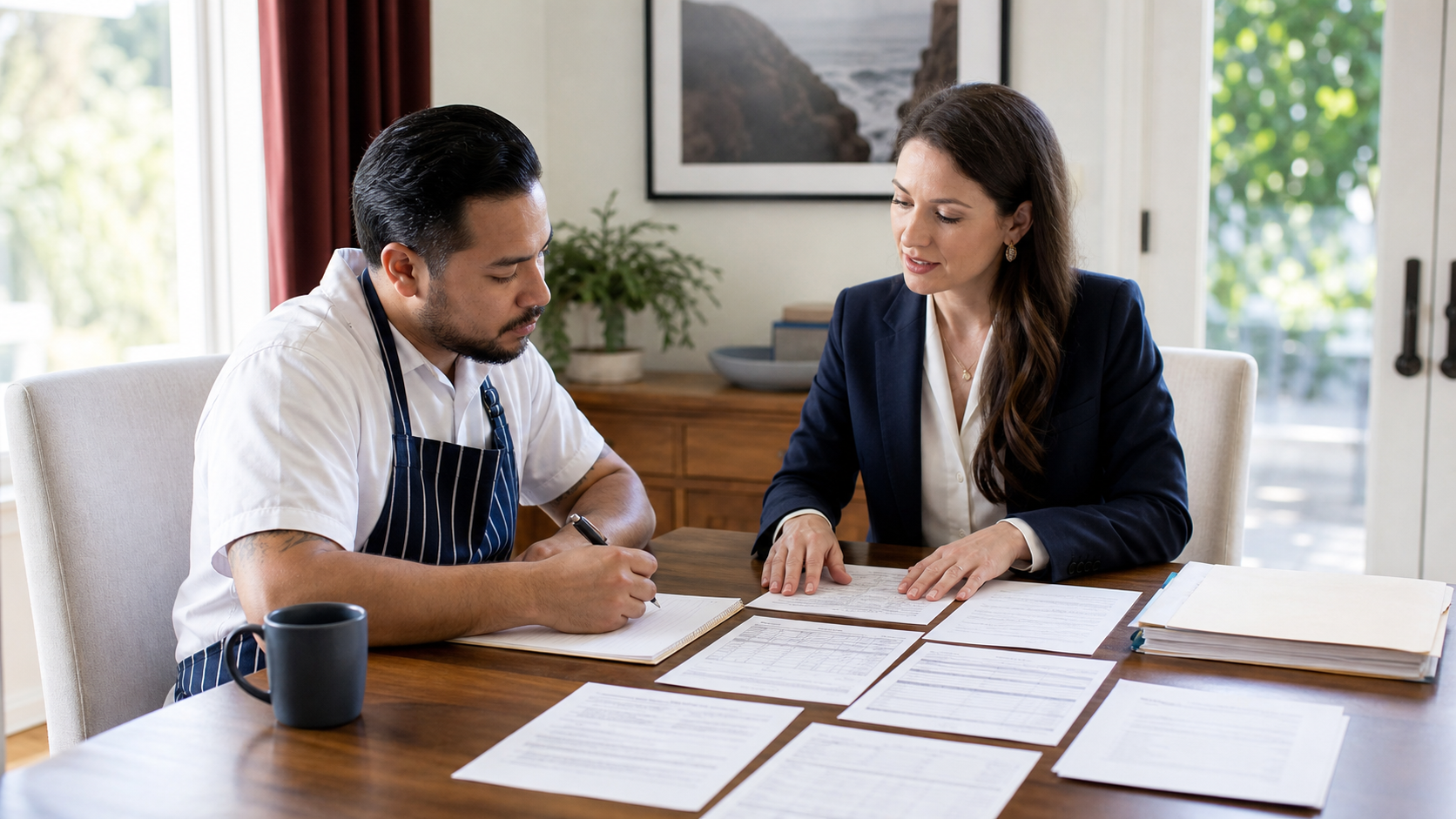 An employee reviewing payroll records and California labor claim documents at a desk.