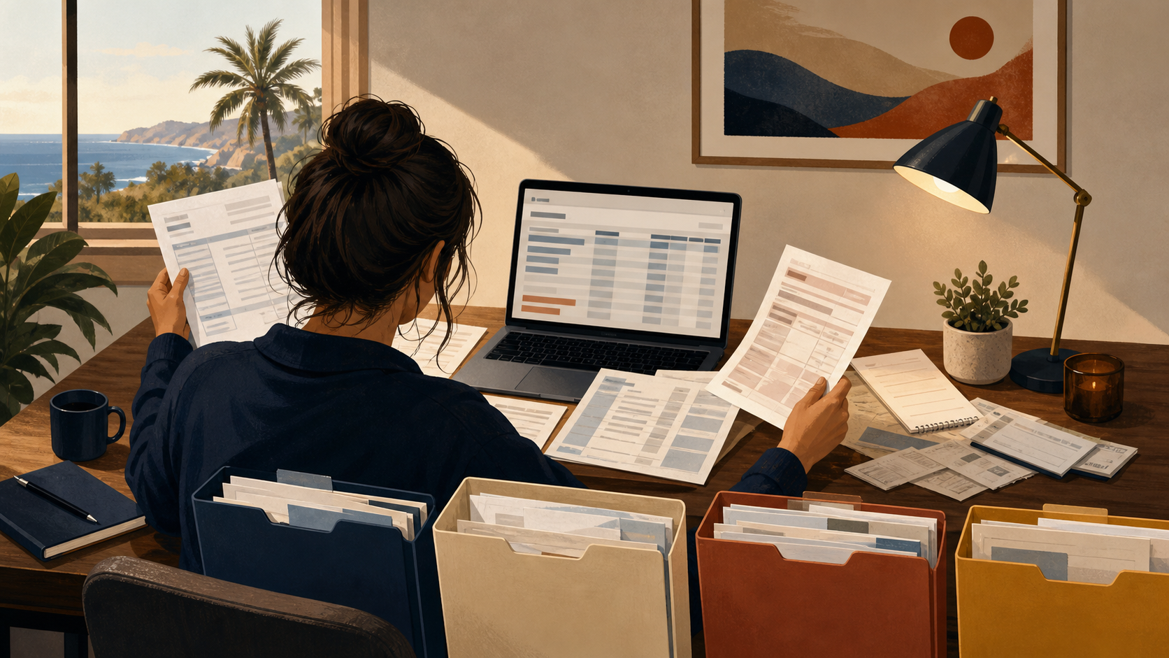 A worker at a desk carefully organizing printed pay stubs and time records into labeled folders under warm office lighting