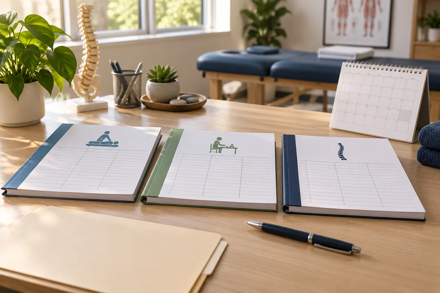 Three therapy visit ledgers and a calendar on a clinic desk.