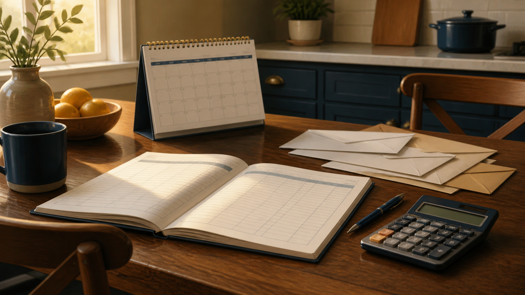 A worker reviewing a payment calendar and handwritten notes at a kitchen table, with envelopes and a pen nearby