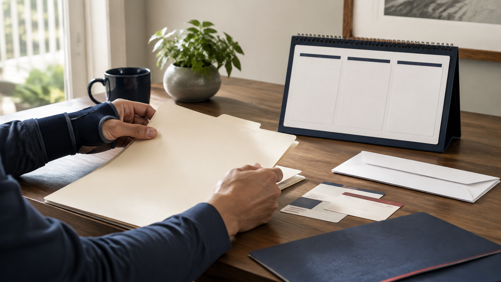 A worker reviewing paperwork at a desk with a calendar showing a 90-day countdown and medical forms nearby
