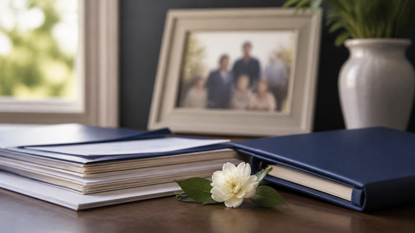 A family sitting together at a kitchen table reviewing paperwork and documents in soft natural light