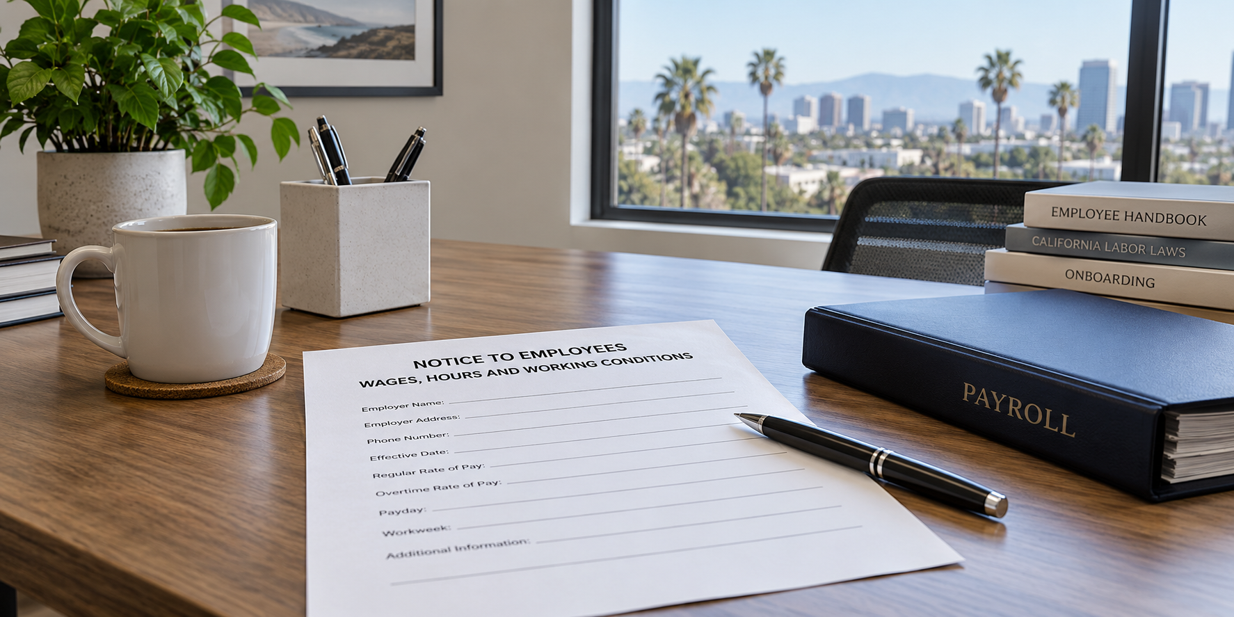 Hiring notice and payroll documents arranged on a workplace desk