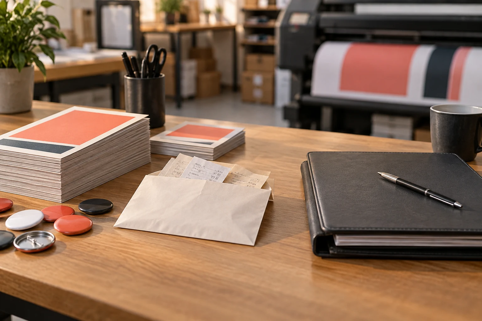 Campaign printing materials and a separate expense folder arranged on a worktable.