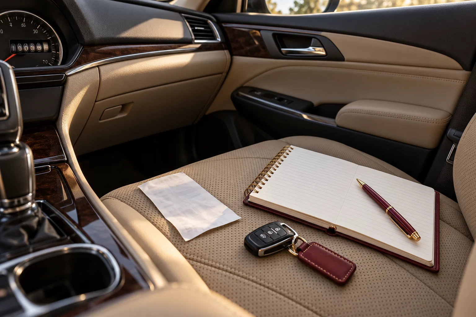 Mileage notebook, fuel receipt and keys beside a vehicle’s trip odometer.