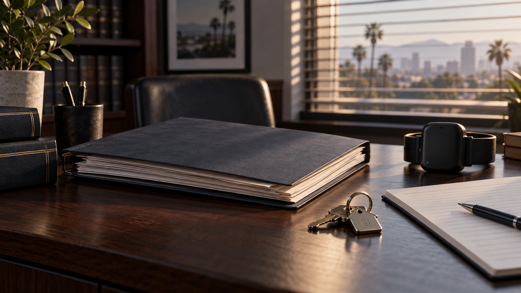 An unlabeled federal case file, household keys, financial worksheet, and neutral monitoring device on a legal worktable.