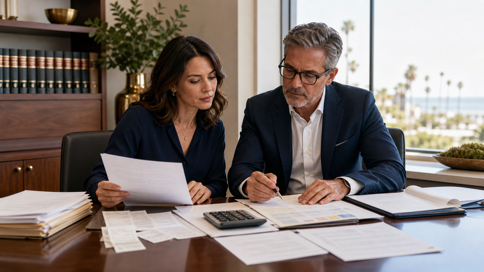 A small-business owner and tax professional review organized California sales-tax records at a desk