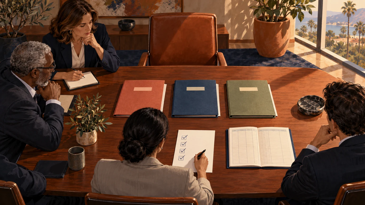 Nonprofit board table with unlabeled approval and accounting folders
