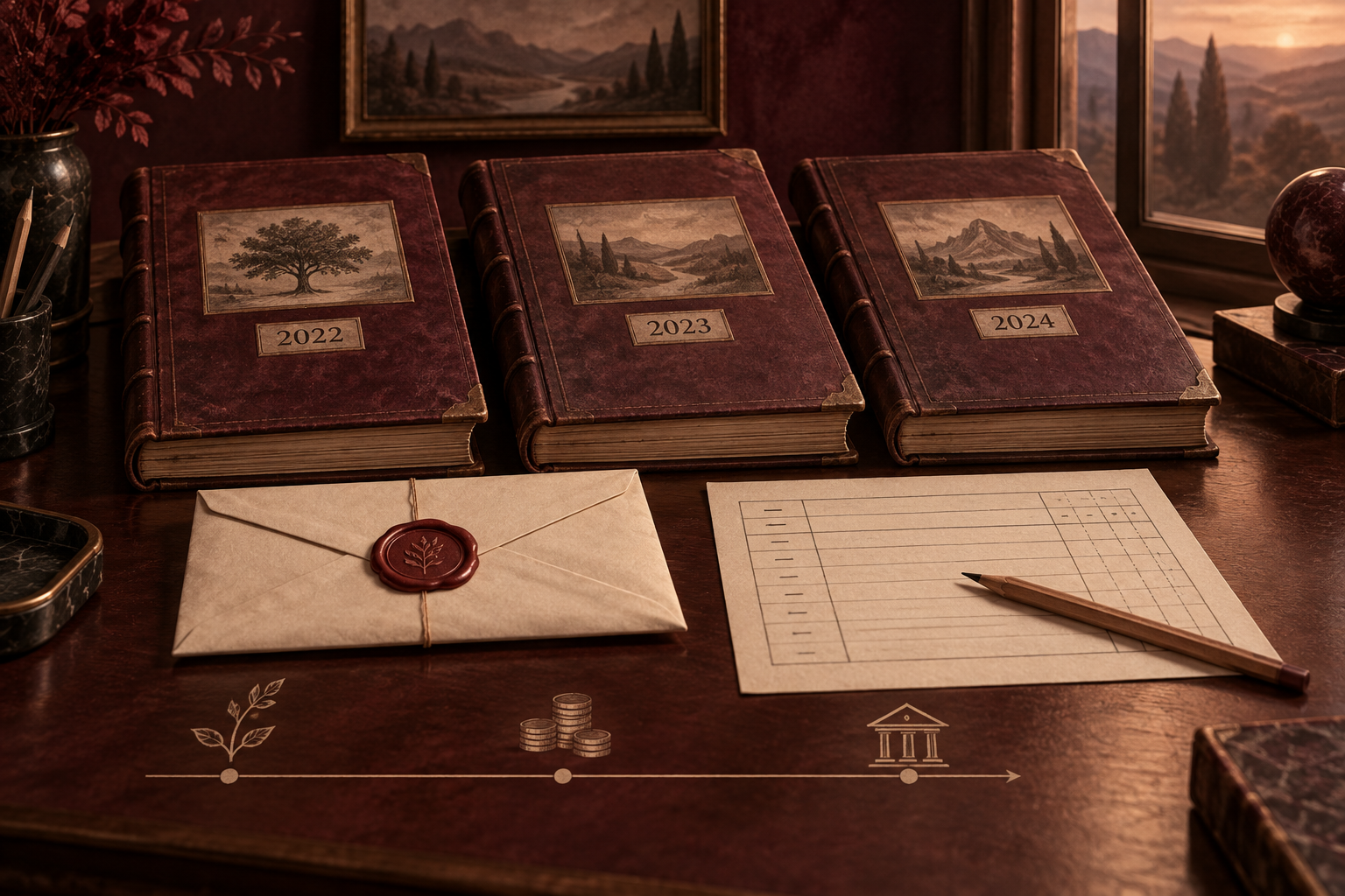 Annual accounting ledgers, a sealed transfer envelope and a separate penciled reserve sheet.