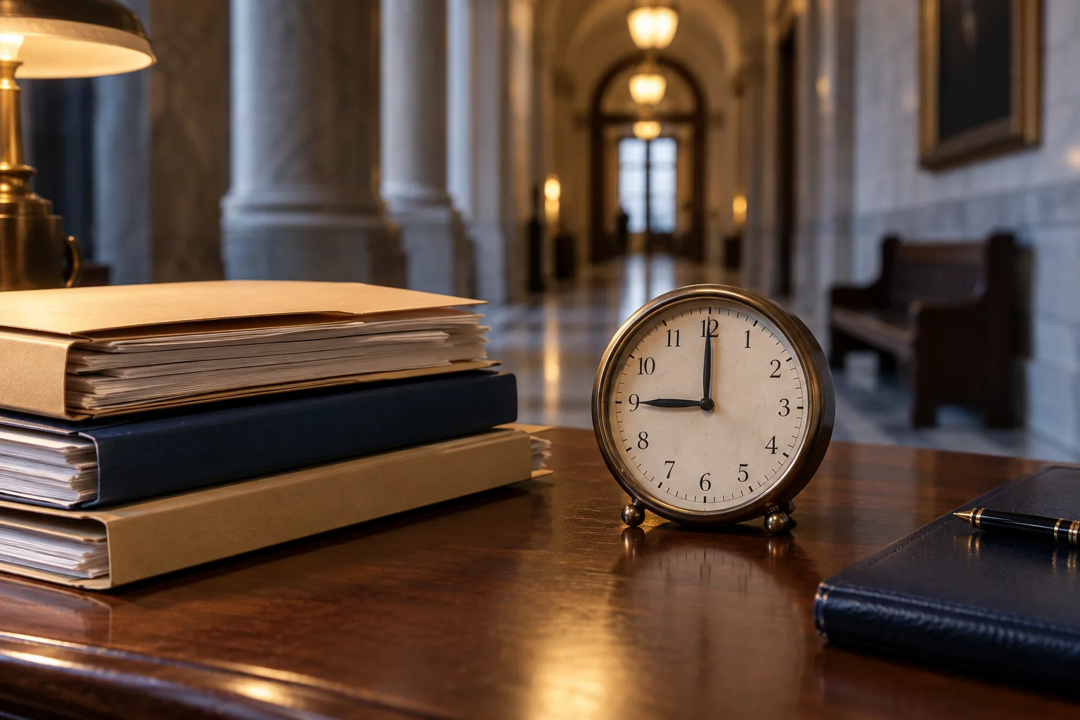Hearing files and an analog clock beside a courthouse corridor