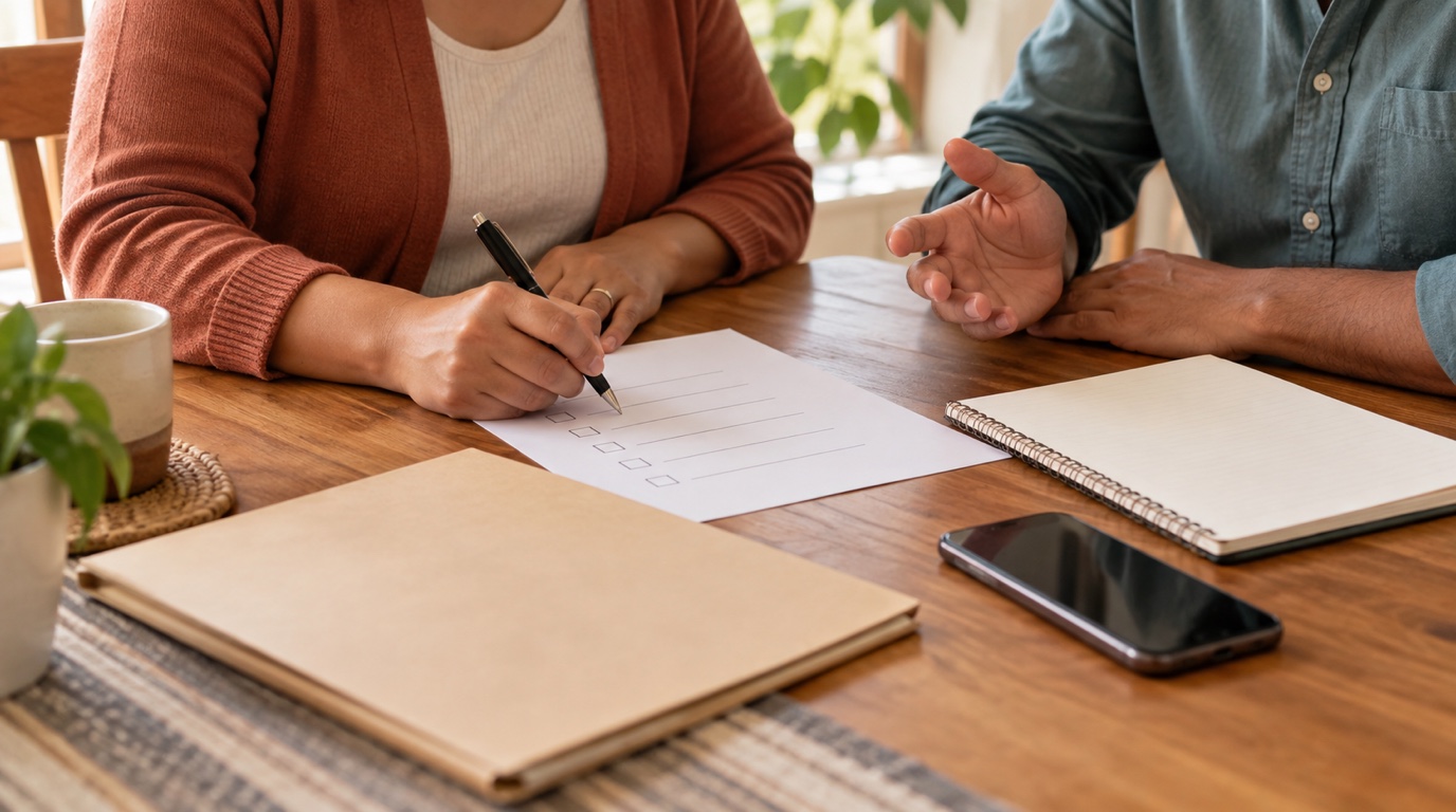 Two family members organizing a blank checklist, folder, notebook, and phone at a home table.