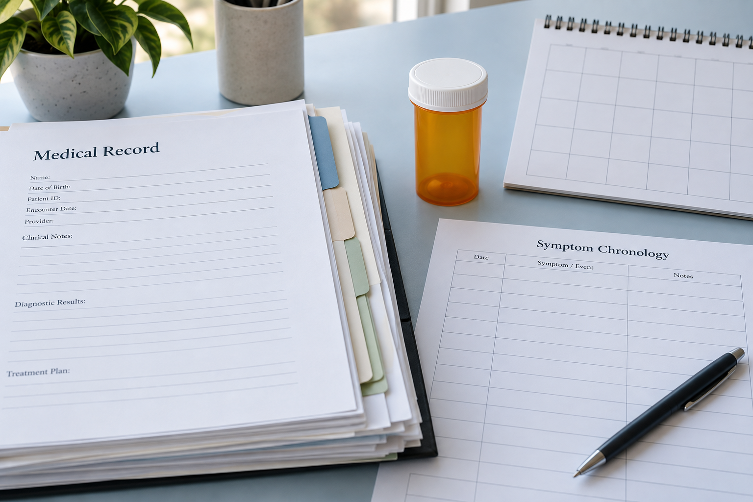 Organized health records and a blank chronology sheet
