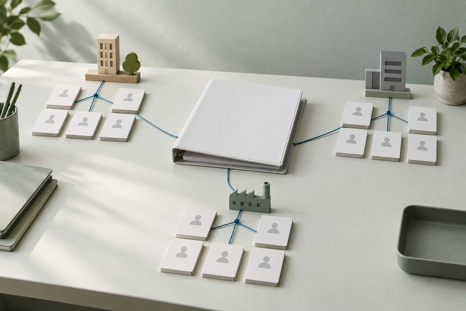 Illustrative employee record clusters connected to a central policy binder