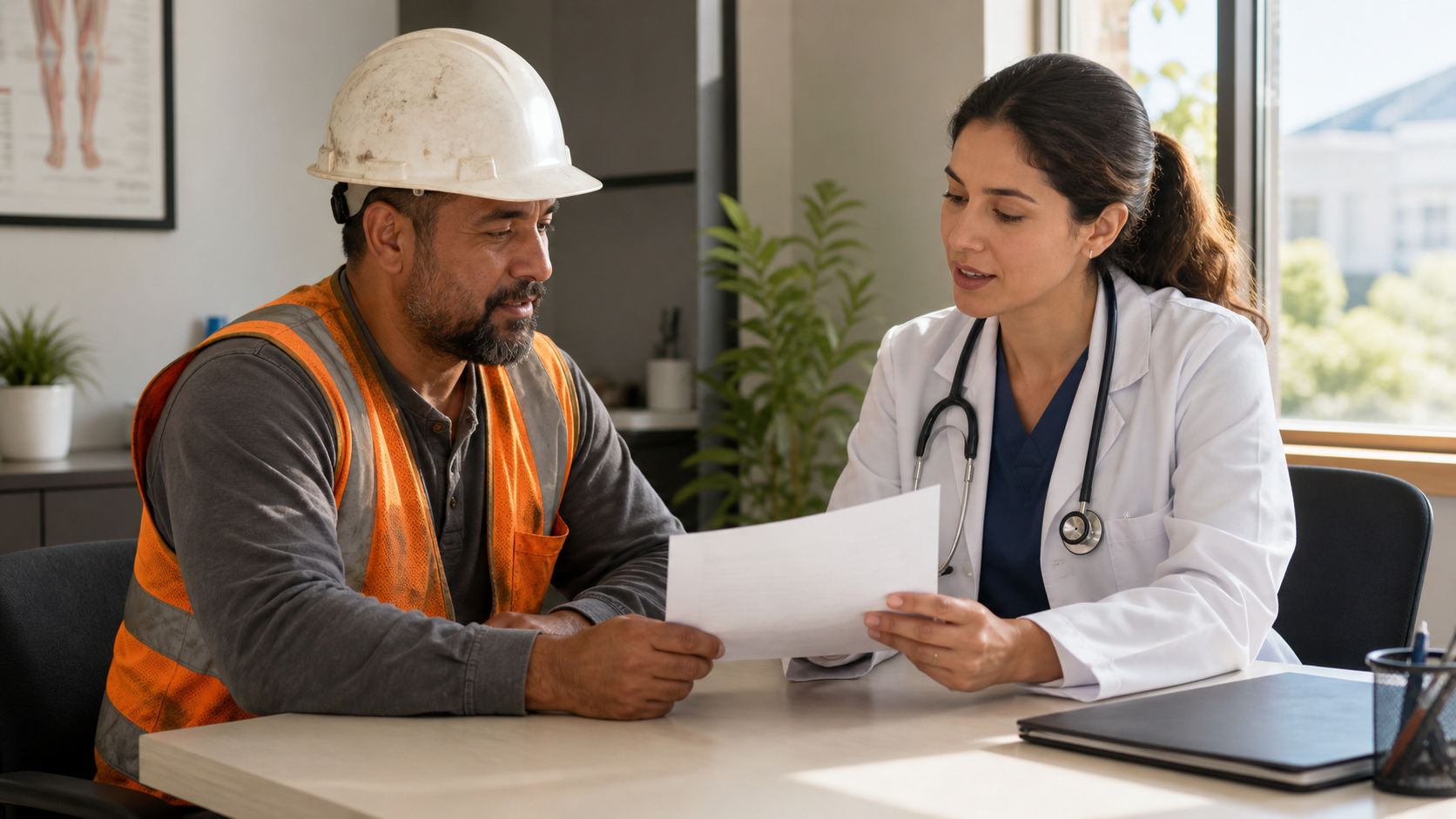 A worker in a hard hat sits across a desk from a physician reviewing paperwork in a bright medical office