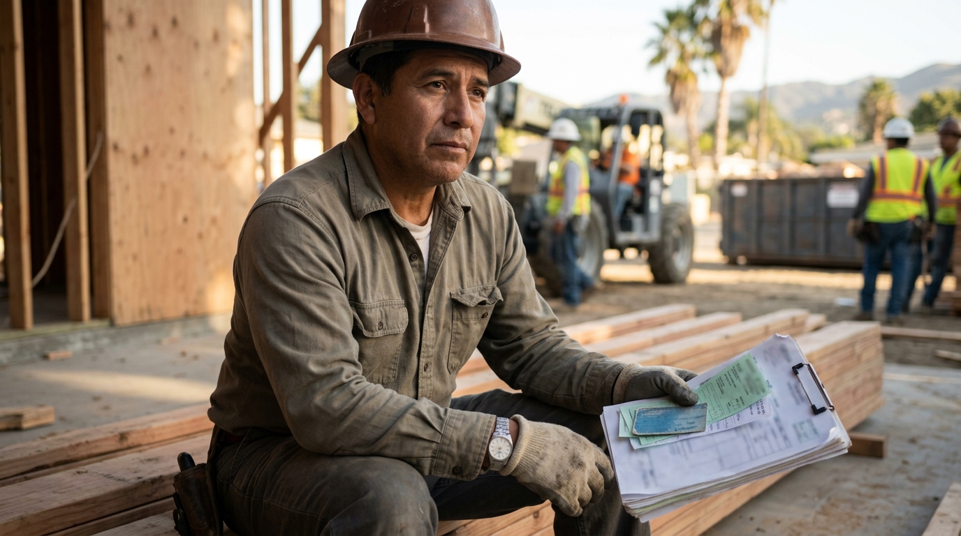 Construction worker reviewing site plans during a coverage dispute