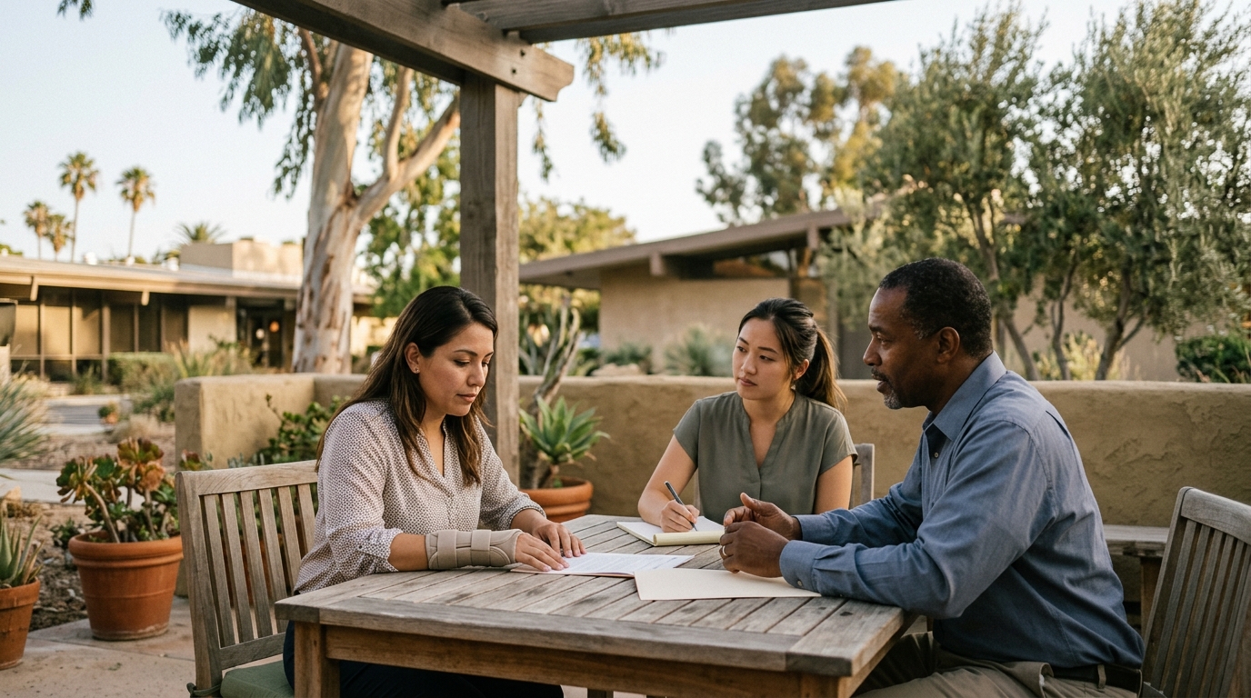 Three adults reviewing legal documents at an outdoor conference table