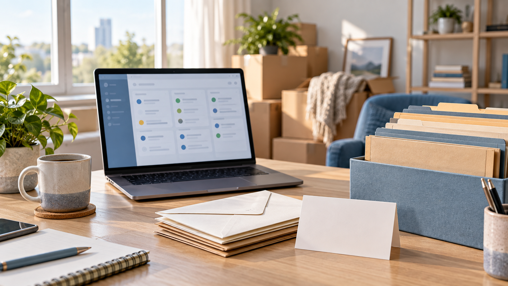 A person carefully organizing official mail envelopes and filing folders at a home desk with a laptop open to a government website