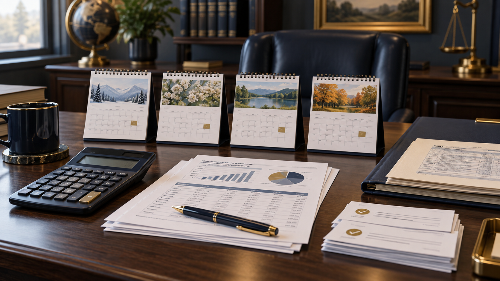 Four quarterly calendars, prior-year return, payment confirmations, calculator, and income records