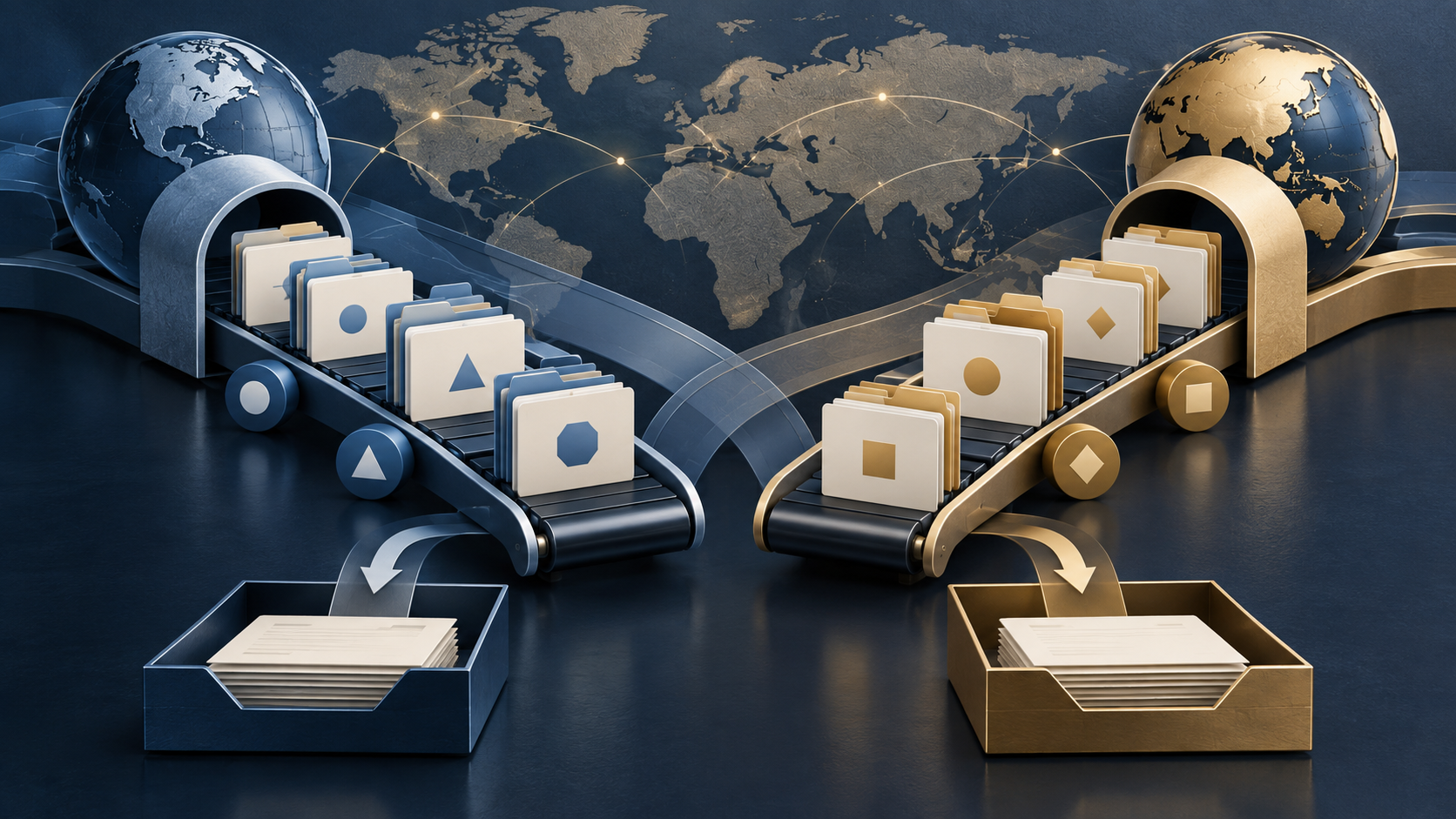 A split-screen illustration showing two organized filing folders side by side, one labeled with a bank icon and one with a tax document icon, surrounded by currency symbols from multiple countries on a soft blue background