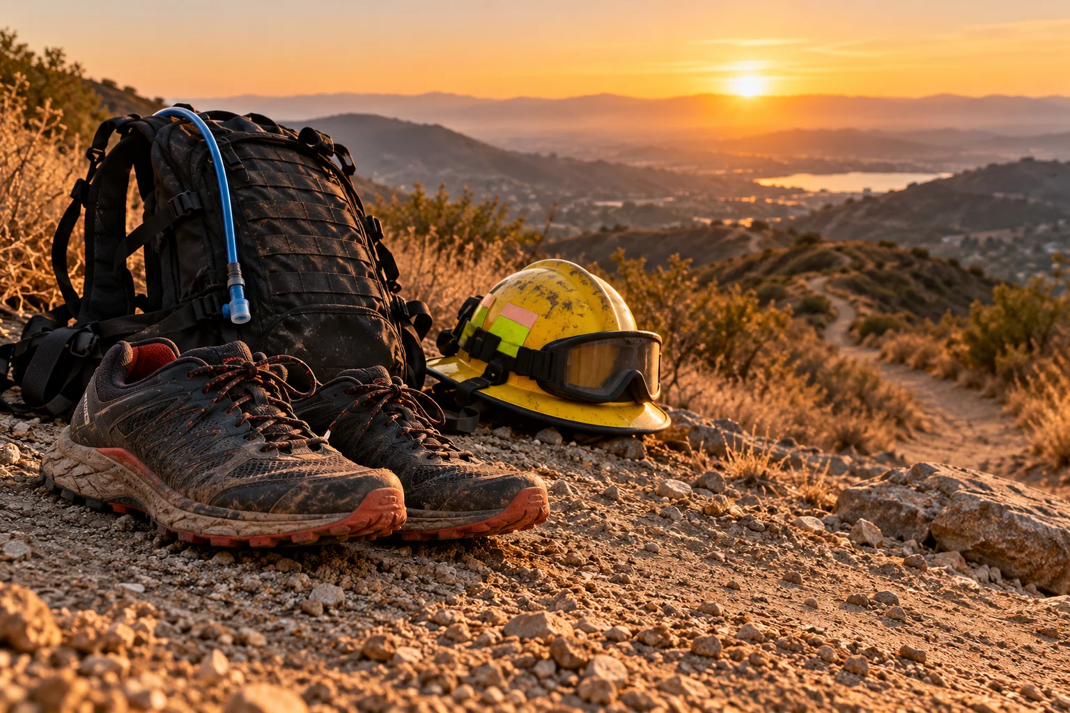 Trail-running shoes, firefighter helmet and hydration pack beside a California hillside path.