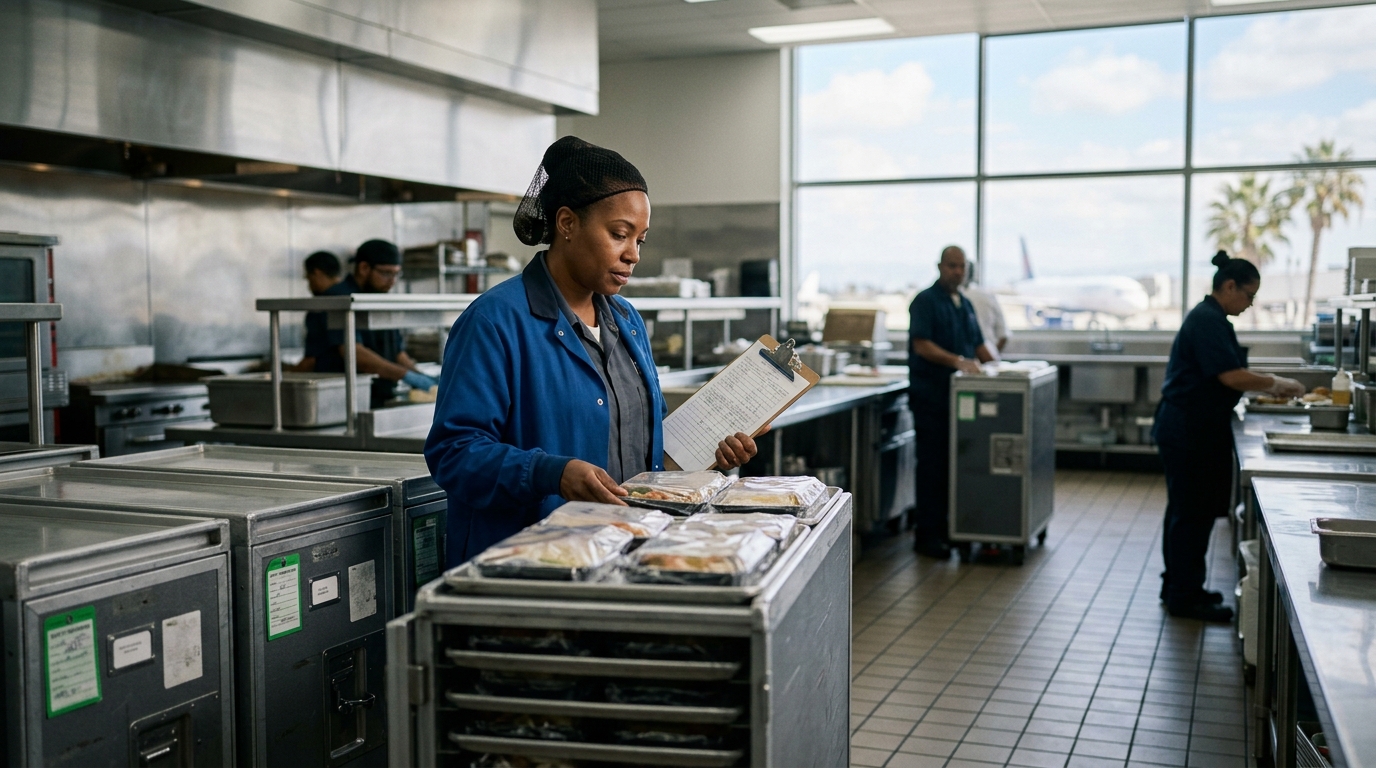 Food-service worker documenting safety conditions in a commercial airline-catering kitchen