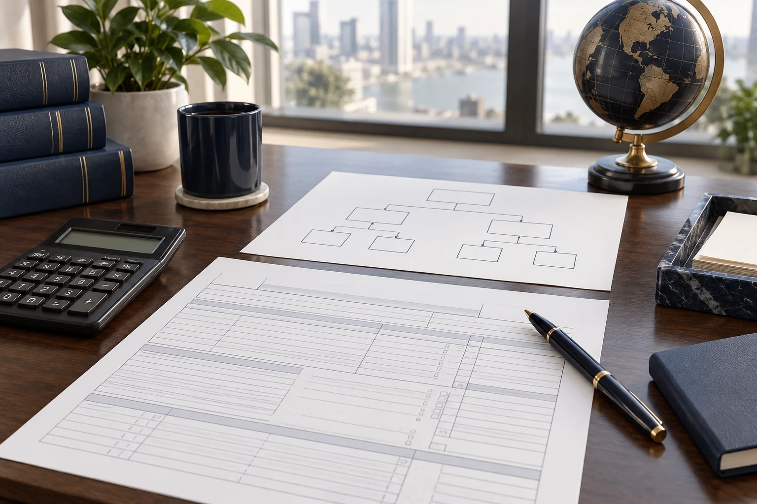 An organized desk with a blank ownership chart, worksheet, calculator, and pen.