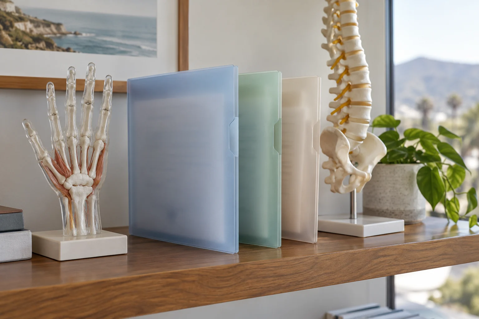 Separate medical-report sleeves beside hand and spine models