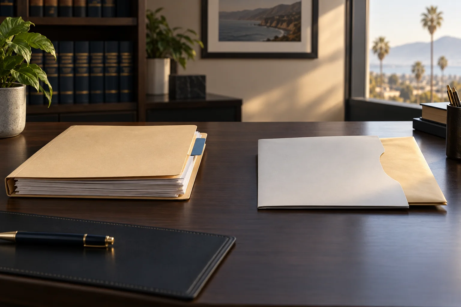 Case folders, papers, and a notebook on a law-office desk.