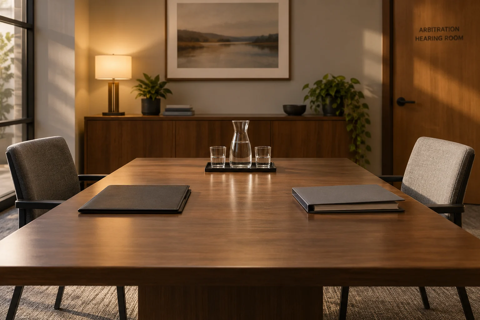 Separate folders across an empty private hearing-room table