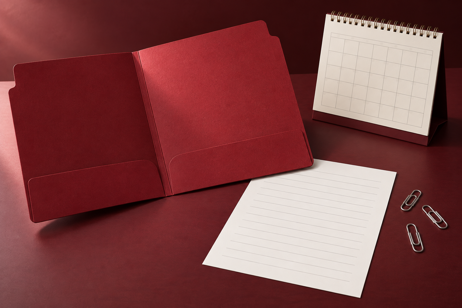 Empty response folder, plain record sheet and blank calendar illustrating the briefing sequence.