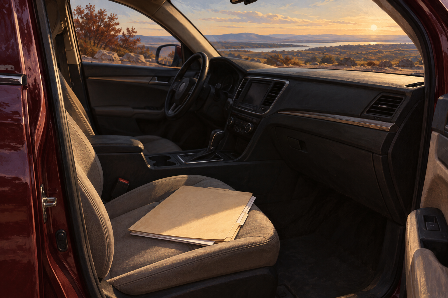 Release folder on the passenger seat of a parked car with open door.