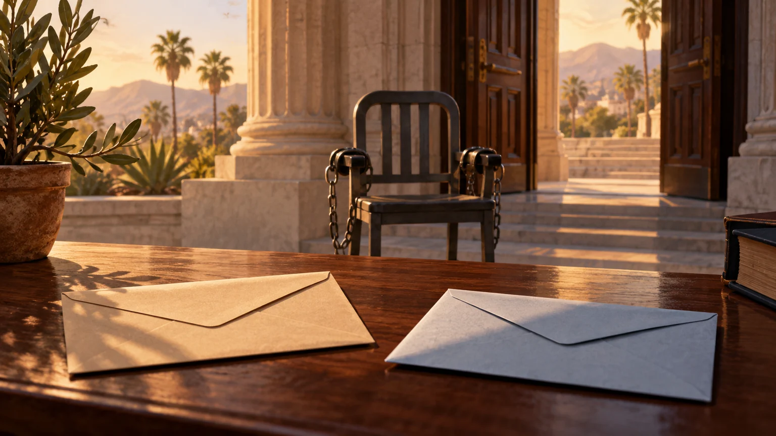 Open courthouse doorway, restrained chair, and two notice envelopes