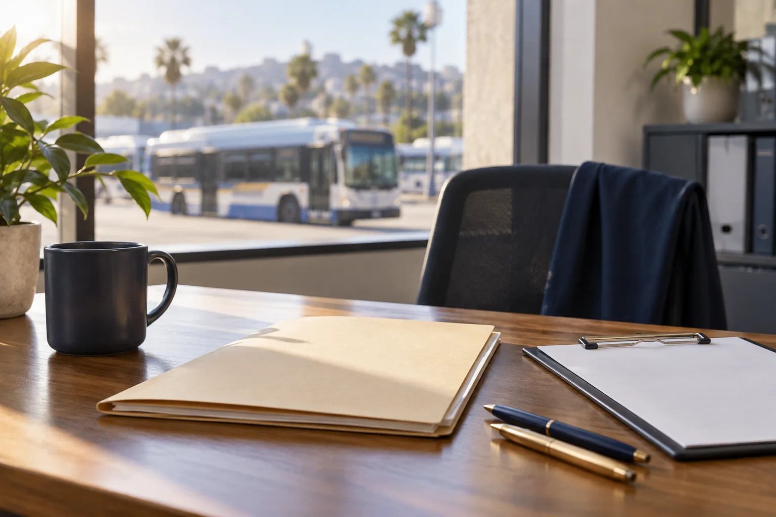Quiet transit operations desk with a personnel folder and scheduling clipboard; a city bus is blurred outside.